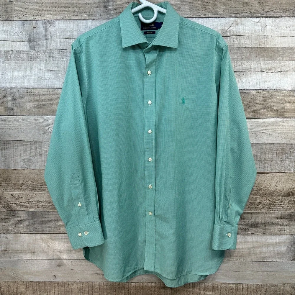 Polo Ralph Lauren Mens  Microcheck Gingham Button  Dress Shirt Green Size 16 1/2